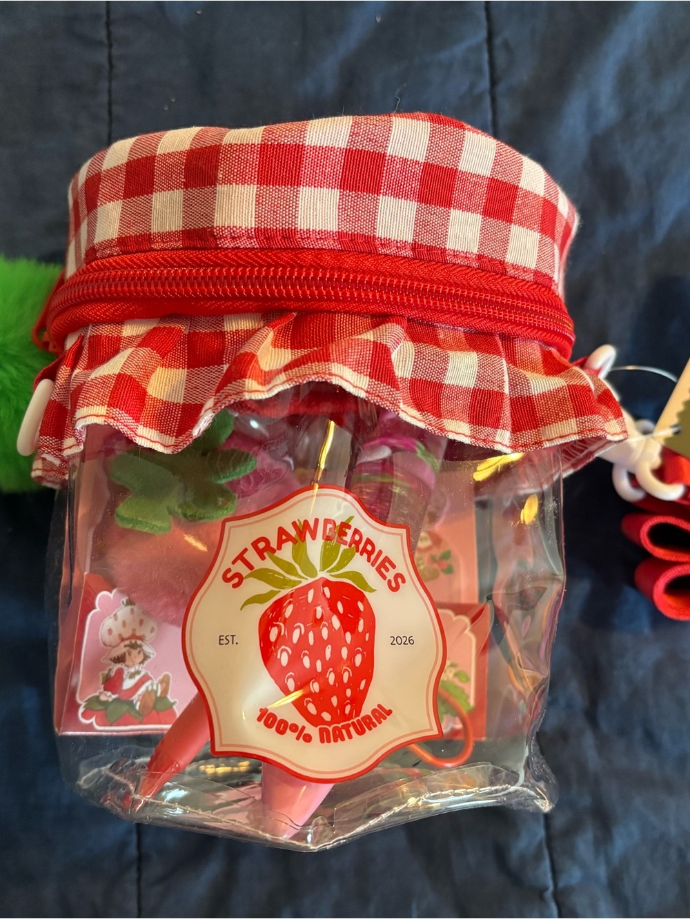 Strawberry Gingham Accessory Bag with six Strawberry themed items
